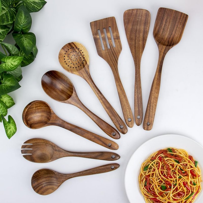 8 Pieces Wooden Spoons for Cooking, 100% Natural Teak Wooden Kitchen Utensils Set, Wooden Utensils Set for Cooking, Non-Stick, Comfort Grip, Easy to Clean
