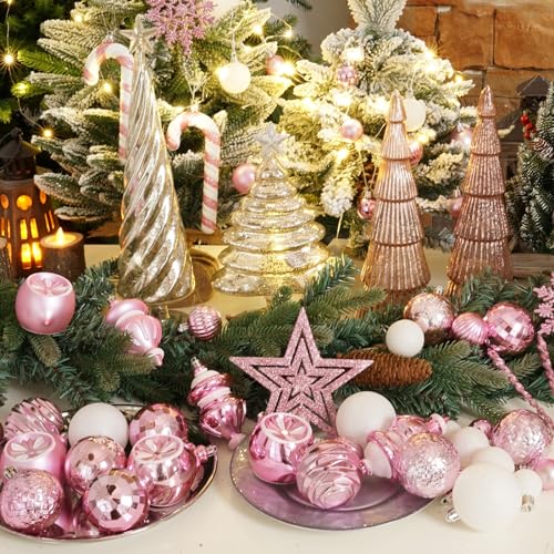Baby Pink Christmas Ornaments Set 99pcs - Shatterproof Ball & Snowflake Decor for Tree, Home, Wedding