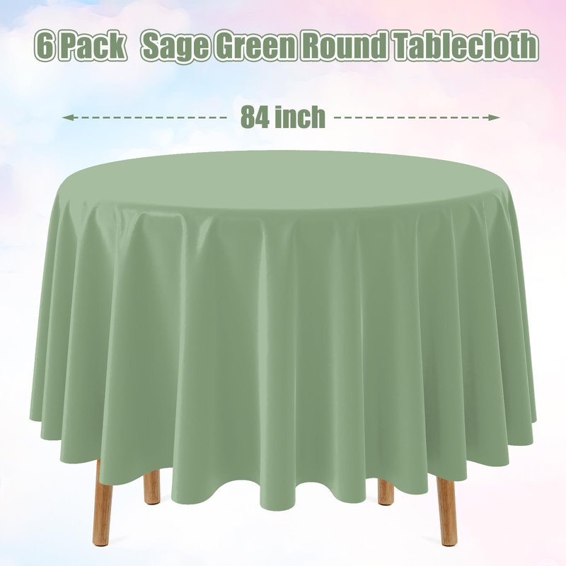 YIDAKO 6Pack Sage Green Plastic Tablecloths Round Light Green Tablecloth Waterproof Disposable Round Sage Table Cover for Birthday Bridal Wedding Baby Shower Party Decorations,84Inch
