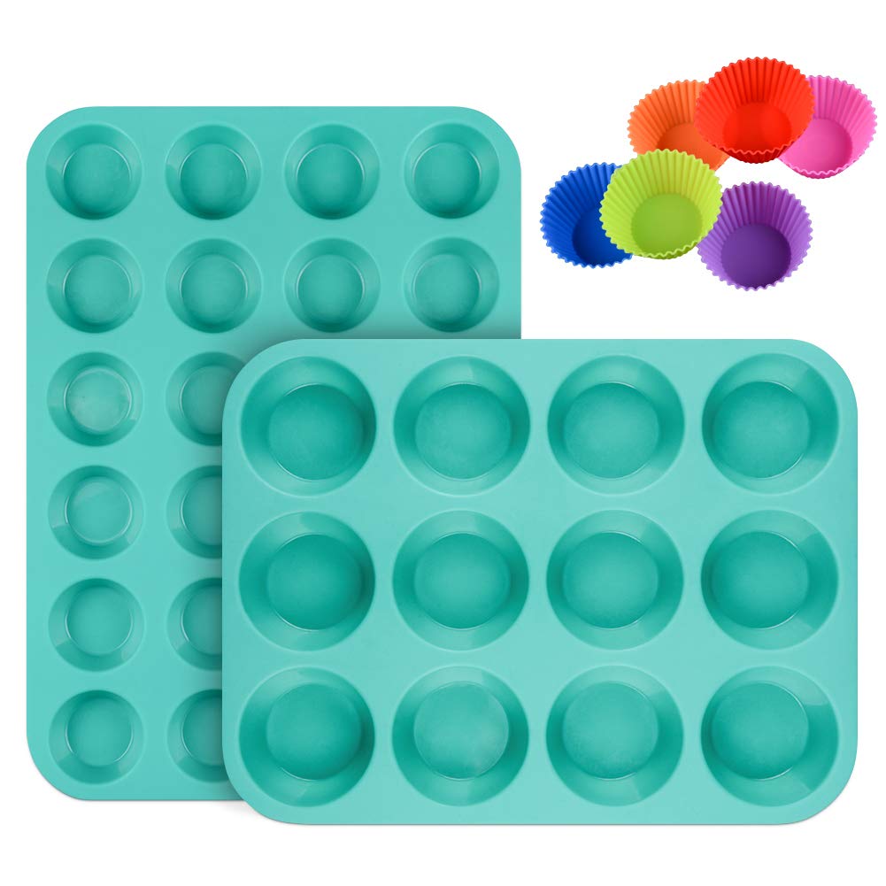 CAKETIME Silicone Muffin Pan Cupcake Pan Set - Mini 24 Cups and Regular 12 Cups Muffin Tin, Nonstick Food Grade Molds with 12 Baking Cups