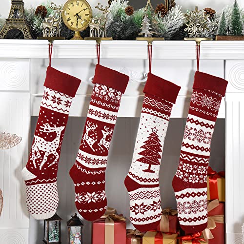 Starry Dynamo 26 Inch Set of 4 Nordic Knitted Christmas Stockings Burgundy & White - Holiday Decor