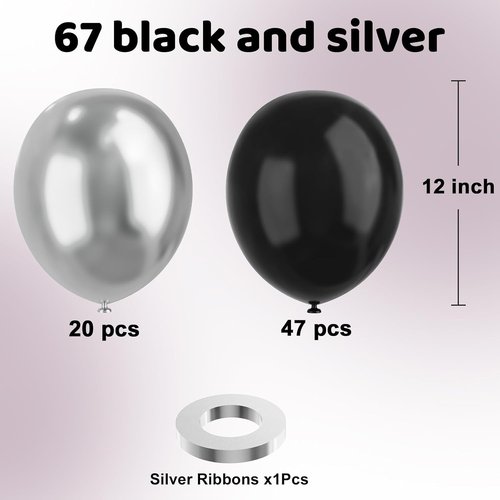 Metallic Silver & Black Balloons by [Brand Name] - 67pcs 12 Inch for Birthday, Baby Shower & Wedding Decor