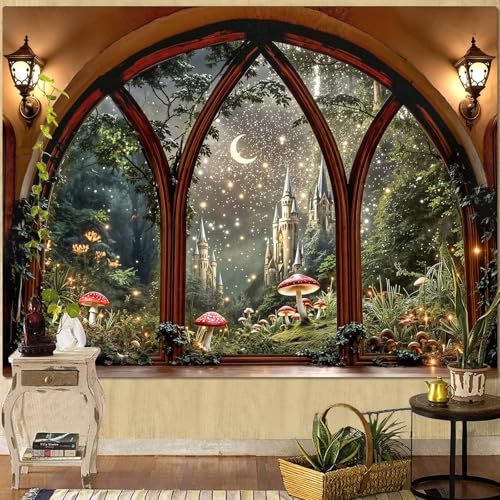 Fantasy Castle Window Tapestry - Magical Woodland Wall Hanging Backdrop