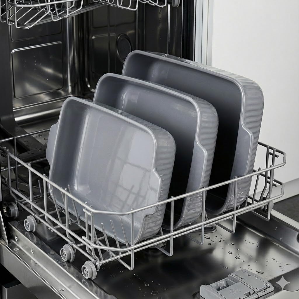 Yachi Ceramic Casserole Dishes - Set of 3 Rectangular Bakeware with Handles | Oven & Microwave Safe Gray (14.8''/12.7''/9.8'')
