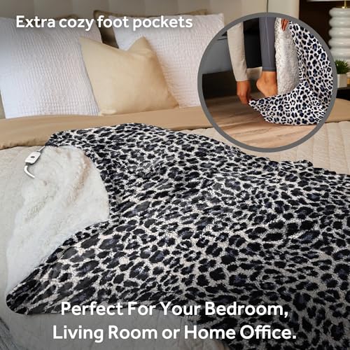 Royal Sherpa Heated Throw Blanket with Foot Pocket, 50" x 60", Blue Leopard