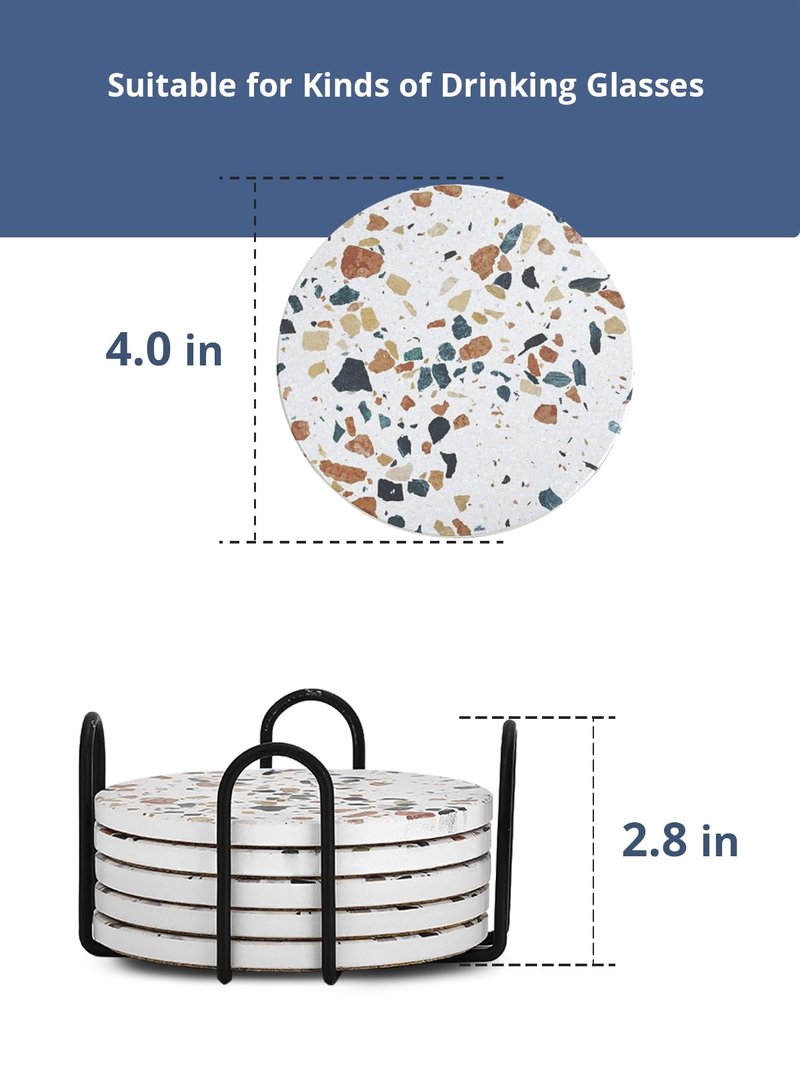 LIFVER Absorbent Drink Coasters with Holder, Set of 6 Ceramic Coasters Set with Cork Base, for Kinds of Drinking Glasses, 4 Inches Stone Coasters for Home Decor, White Elephant Gifts for Adults