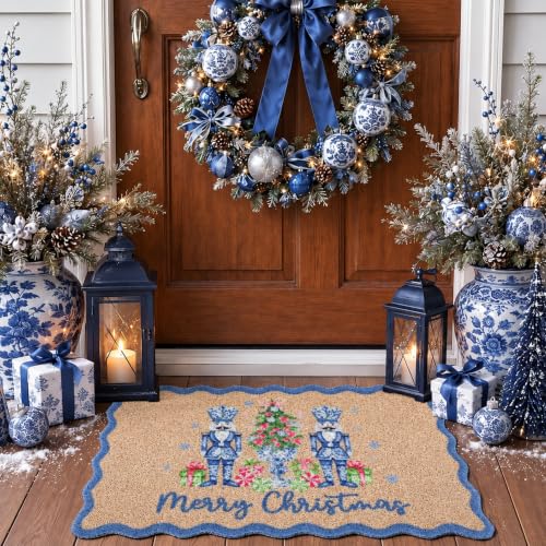 Breling Nutcracker Christmas Doormat Blue Scalloped Holiday Entry Rug