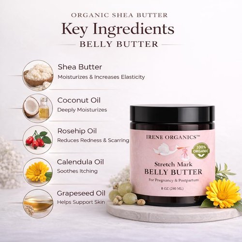 Irene Organics Organic Belly Butter - Award-Winning Stretch Mark Prevention & Treatment 4oz | Hydrating Tummy Balm