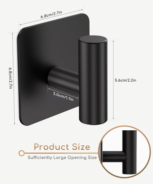 Aikzik Heavy Duty Wall Hooks - 26lb Max Stainless Steel Adhesive Towel & Coat Hooks | Matte Black, 4 Pack