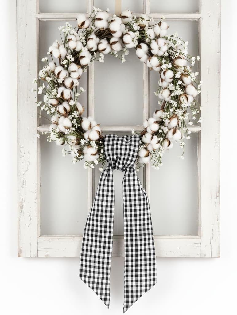 Skiennix Wreath Sash - Black White Checkered Plaid Bow Ribbon for Elegant Year-Round Home Decor (5.12" x 54.33")