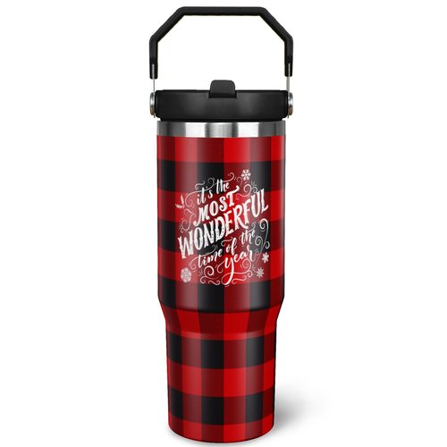Exacmos 30oz Christmas Tumbler with Handle and Straw, Stainless Steel Vacuum Insulated Flip Straw 30 oz Buffalo Coffee Tumbler, Spill Proof Travel Mug, Merry Christmas Decor Gifts for Women