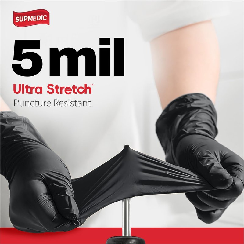 Supmedic Black Nitrile Exam Glove, 5 mil Powder-Free Latex-Free Disposable Medical Gloves, Case of 1000 Pcs (Large)
