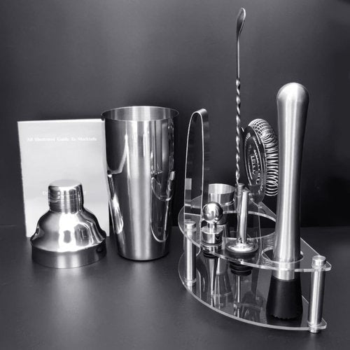 9Pcs/Set Cocktail Shaker Set with Stand, 750ml (25oz) Cocktail Shaker Bartender Kit: Bar Tool Set, Drink Mixing Includes Shakers Strainer Jigger Bar Mixer Spoon Muddler Pourer Bottle Stopper (Silver)