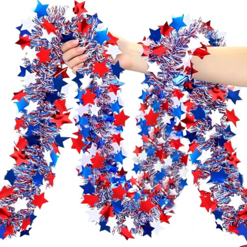 50ft Patriotic Red White Blue Metallic Tinsel Star Garland for 4th of July