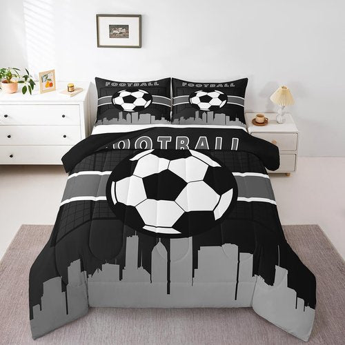 Erosebridal Little Boys Bedding Sets Twin Soccer Football Comforter Set for Toddler Kids, Sports Gamer Duvet Insert Video Game Gaming Bedding Comforters & Sets, Black Grey