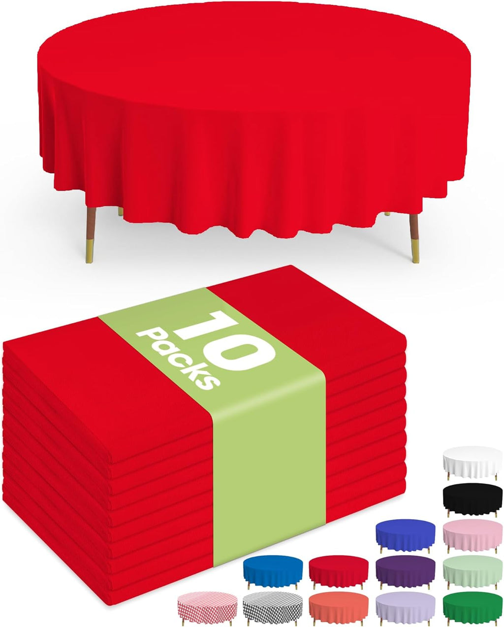Pureegg Disposable Plastic Tablecloths - 84'' Round, Leakproof & Sturdy for Holidays | Red 10-Pack