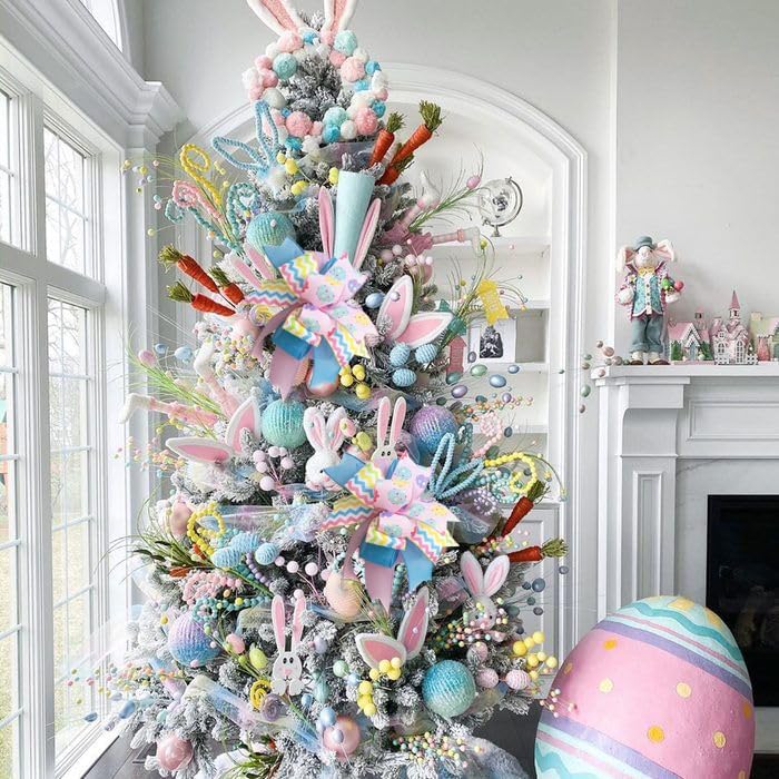 Skiennix Easter Wreath Bow - Pre-Tied Striped Wired Ribbon for Spring Decor | 10x12 Inch