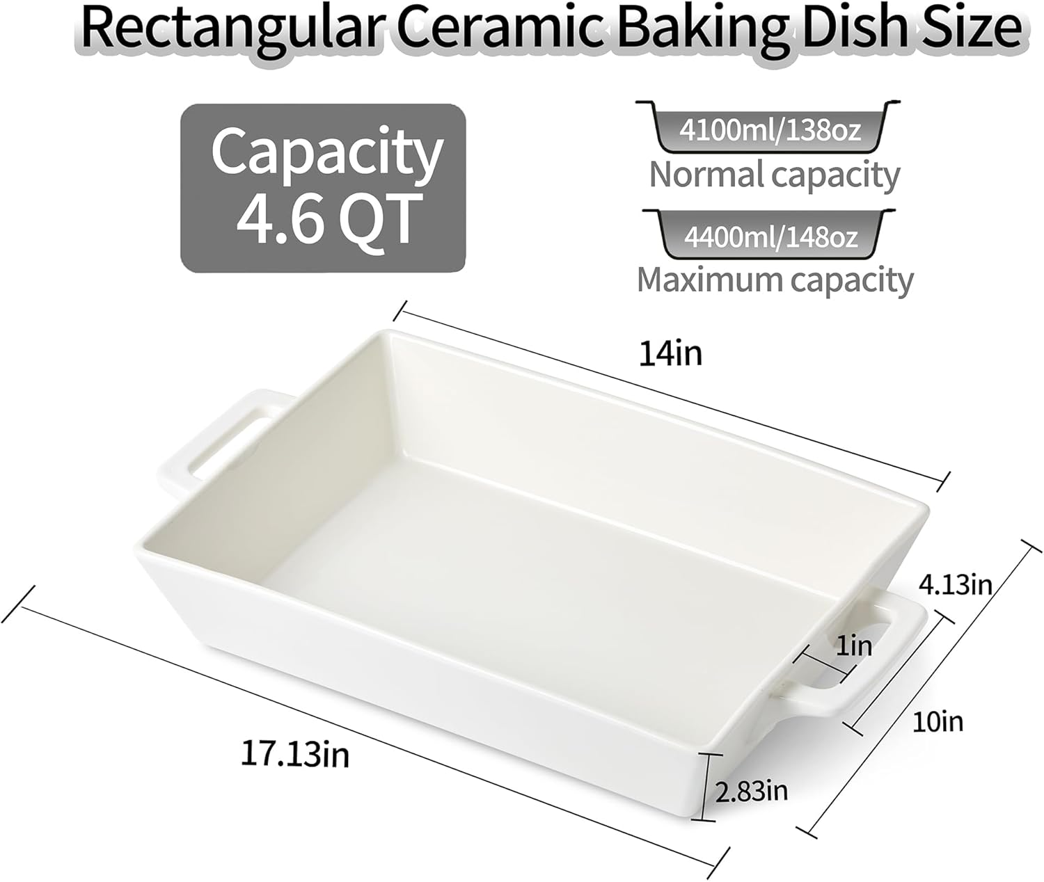 Regine Switzerland 4.6 Qt Large Rectangular Ceramic Baking Dish - 14x10 Inch Casserole Pan with Handles for Versatile Cooking