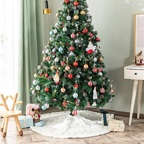 AtiMing White Plush Christmas Tree Skirt 30 Inches Snow White Fur with Silver Sequin Snowflakes