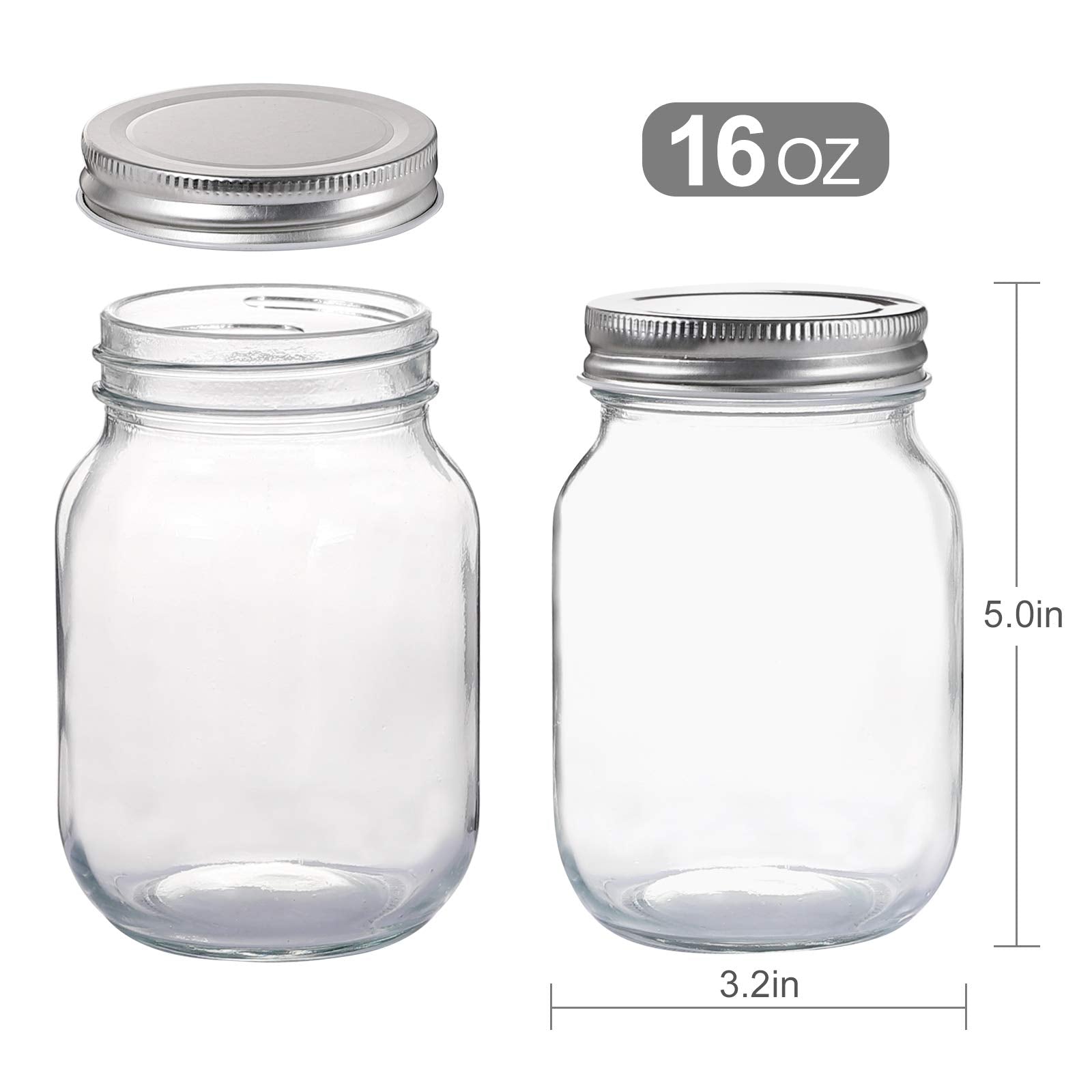 YINGERHUAN Glass Regular Mouth Mason Jars, 16 oz Clear Glass Jars with Silver Metal Lids for Sealing, Canning Jars for Food Storage, Overnight Oats, Dry Food, Snacks, Candies, DIY Projects (15PACK)