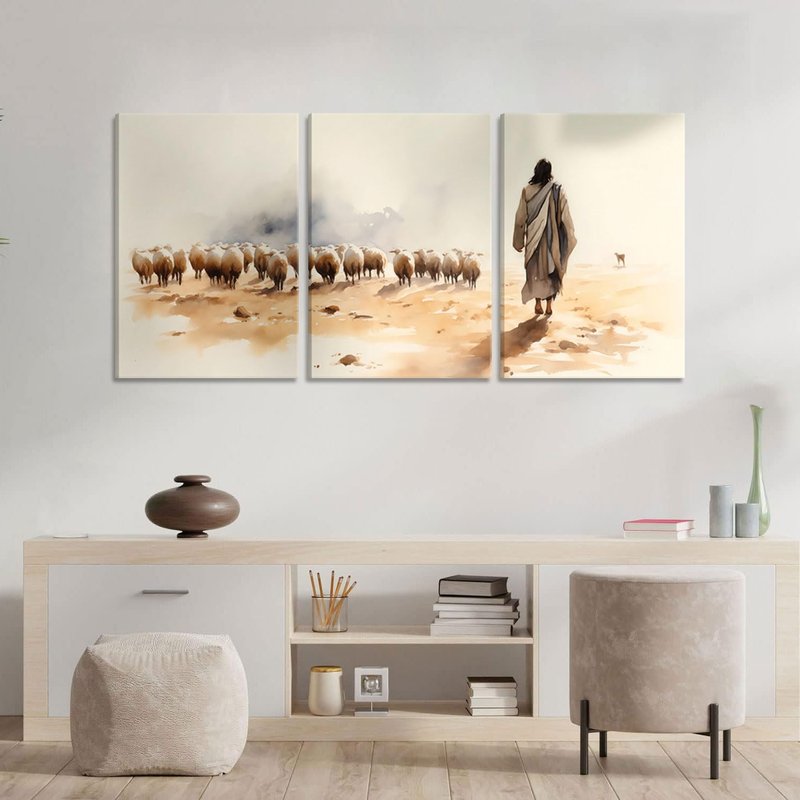 3Pcs Jesus And Lamb Canvas Wall Art Jesus Left 99 Lost Lambs Wall Decor Pictures Christian Spiritual Healing Posters Prints Paintings for Living Room Bedroom Church Prayer Room Artwork Home Decoration
