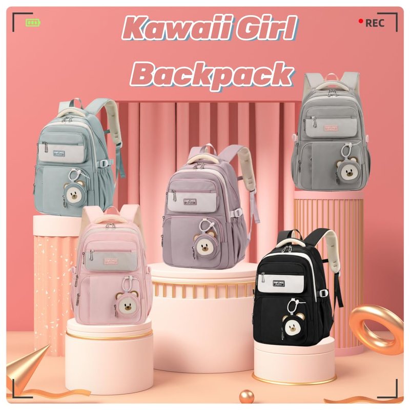 EKUIZAI Girls Aesthetic Backpack Elementary Middle Cute Schoolbag Classic Girls Backpack with Charms