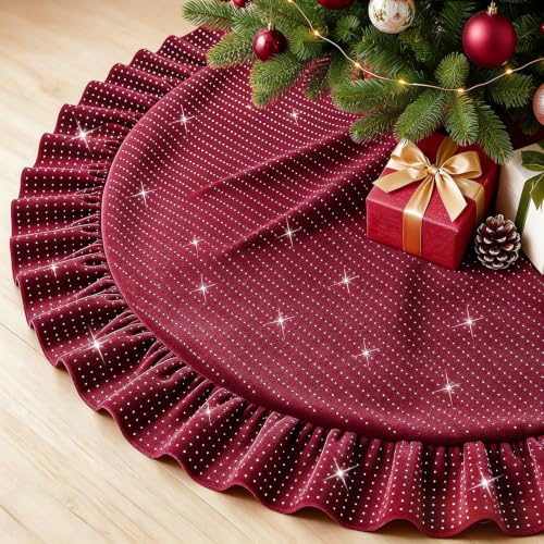 FANPROMS Burgundy Christmas Tree Skirt 60 Inch Sequin Ruffled Holiday Decor