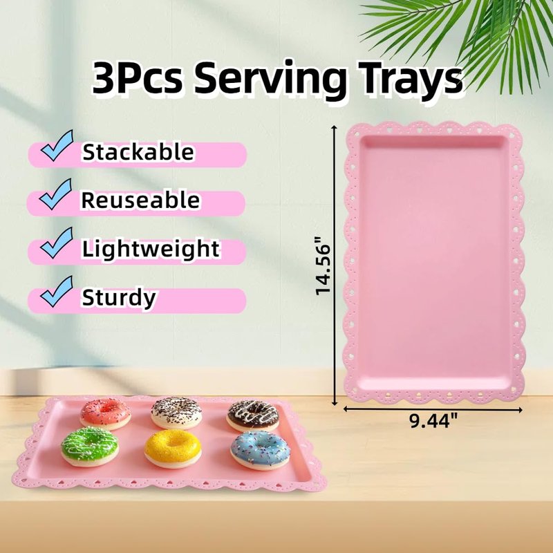 RAUVOLFIA 5 Pcs Dessert Stand Set, 2X Small 3 Tiers White Plastic Cupcake Stand Holder & 3X Rectangle Party Serving Trays/Platters for Wedding Birthday Baby Shower Tea Party Buffet (Pink)