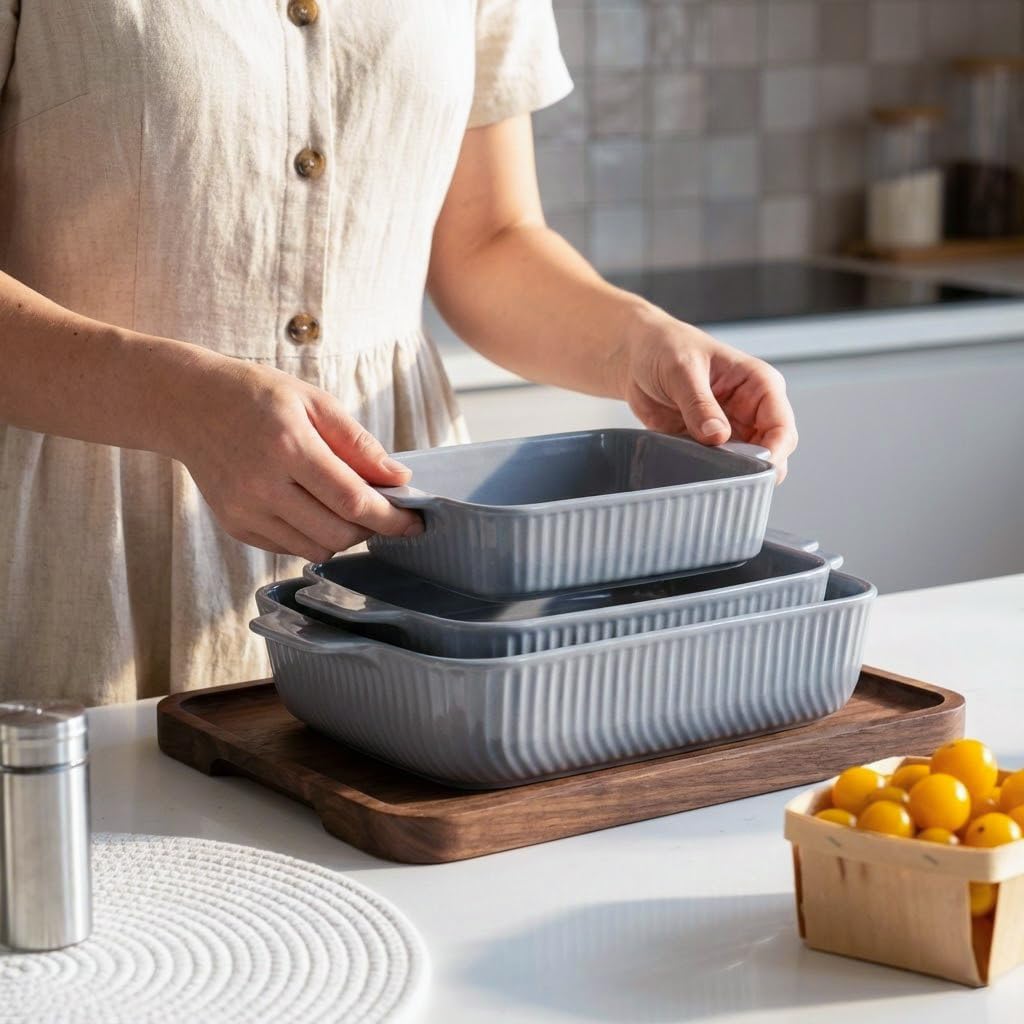 Yachi Ceramic Casserole Dishes - Set of 3 Rectangular Bakeware with Handles | Oven & Microwave Safe Gray (14.8''/12.7''/9.8'')