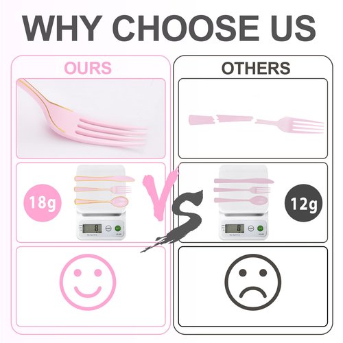 WDF 180 Pieces Pink Plastic Silverware with Gold -Pink Plastic Utensils Set - 60 Guest Cutlery Disposable for Birthday/Party/Wedding/Valentine's Day