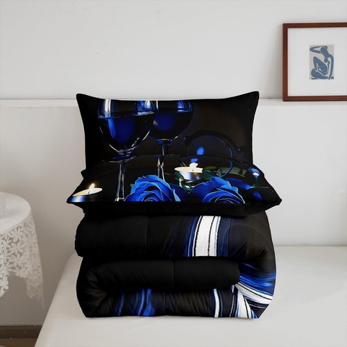Girly 3D Rose Queen Comforter Set for Teens Rose Floral Wine Glass Bedding Sets Bedroom Decor Blue Flowers Down Comforter Couple Valentine's Day Duvet Insert Black Grey Quilted Comforter, 3Pcs
