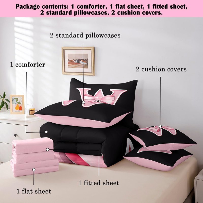 jejeloiu Kawaii Pink Bow Queen Comforter Set with Sheets,Gifts for Women Teen Girl,Monogrammed 7 Piece Bedding Set,Soft Personalized Initial Letter W Bed in a Bag with Comforter,Sheets,Pillowcases
