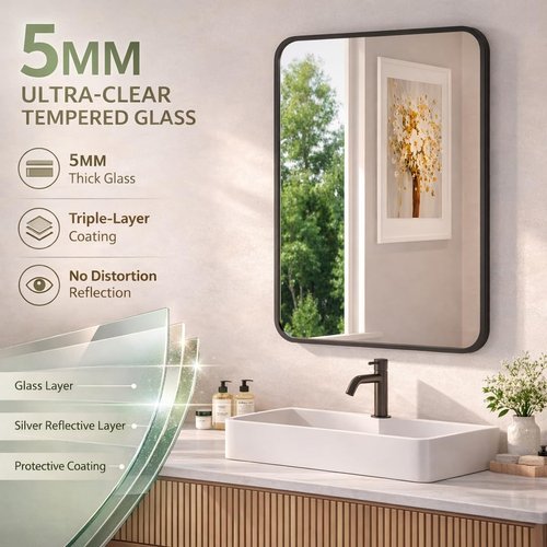Black Bathroom Mirror - 22x30 Rectangle Vanity Mirror with Matte Aluminum Frame & Shatterproof Glass