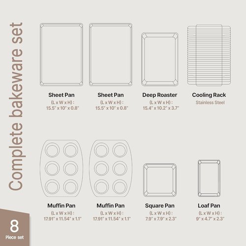 BAKKEN Nonstick Baking Pan Set - Carbon Steel Bakeware with Blue Silicone Handles | Oven Safe Up to 450°F, Set of 8
