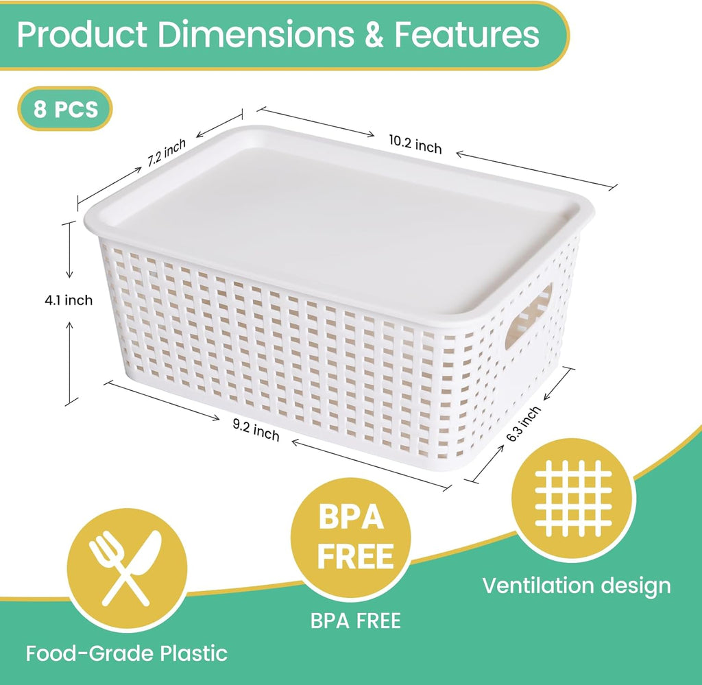 Plastic Storage Baskets with Lid - Stackable Organizing Bins for Home & Office | 8 Pack, White, 10.2x7.2x4.1 Inch