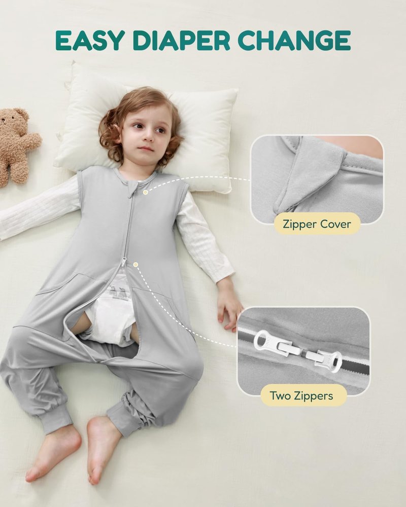 HOMEAL Toddler Sleep Sack with Legs, Bamboo Sleep Sack 0.5 Tog, Sleep Sack 2t-3t, Toddler Sleep Sack with Feet, Sleep Sacks Wearable Blankets for Toddlers, Grey