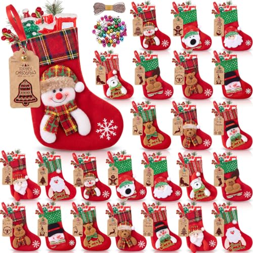 24-pack Mini White Fur Christmas Stockings with Embroidered Snowflake & Holiday Character Mix