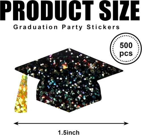 FYSUIMU Graduation Cap Stickers - Holographic Black & Gold Decals for Grad Parties | 500 Pcs, 1.5 in