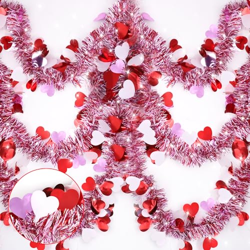 Valentine's Day Heart Tinsel Garland - 33 Ft Red Pink White Metallic Garland