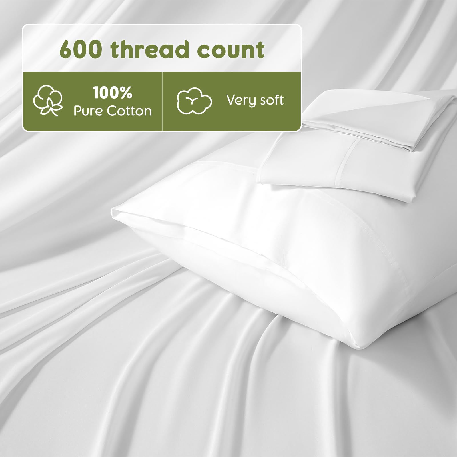 SONORO KATE 100% Egyptian Cotton Sheets Queen Size - 600 Thread Count, Luxury Hotel Quality Bedding Set, Soft Cooling Sateen Weave Bed Sheet Sets, 16" Deep Pocket - 4 PC(White,Queen)