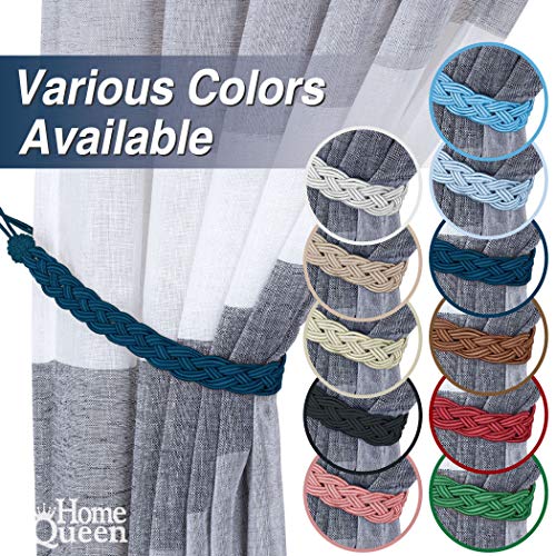 Braided Rope Curtain Tiebacks with Metal Hooks - 23 Inch Navy Set