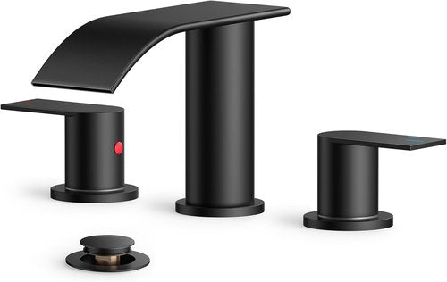 FORIOUS Black Square Bathroom Faucet - Stylish Waterfall Design with Metal Pop-Up Drain & Two Handles