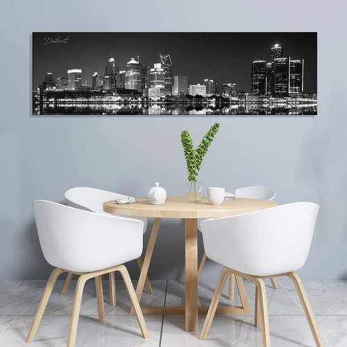 Black and White Detroit Skyline Wall Art for Living Room USA Michigan Cityscape Picture Bedroom Wall Decor Night View Downtown City Building Skyscraper Panoramic Painting Artwork Home Decoration 14x48