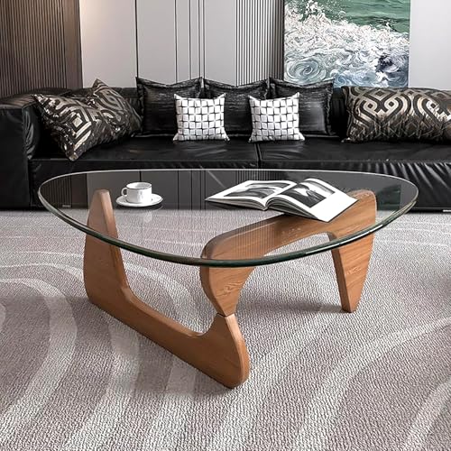 Modern Tempered Glass Coffee Table with Solid Wood Base, Small Walnut Table