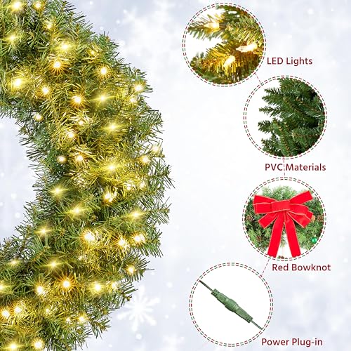 Yaheetech 30in Artificial Christmas Wreath with Pre-lit LED Lights & Red Bow - Holiday Decor