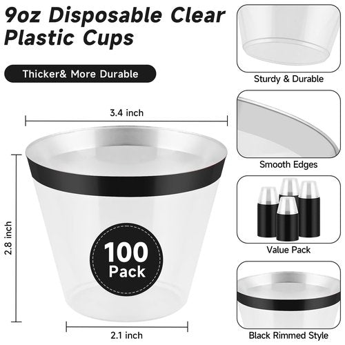 pyntop 100pcs Black and Clear Plastic Cups, 9oz Plastic Cups Black Rimmed Disposable Cocktail Glasses Fancy Disposable Cup Drinking Tumblers Shot Cup for Wedding Party