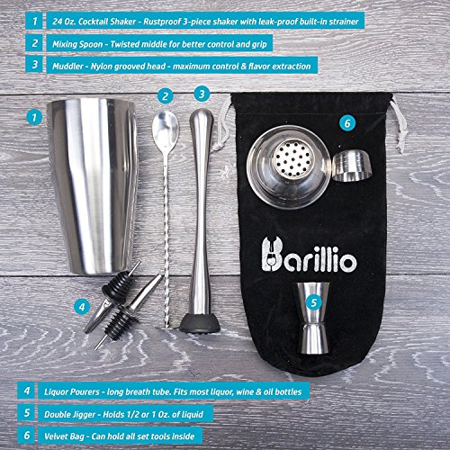 Barillio Silver 8-Piece Travel Cocktail Shaker Set with Bag, Muddler & Bar Tools