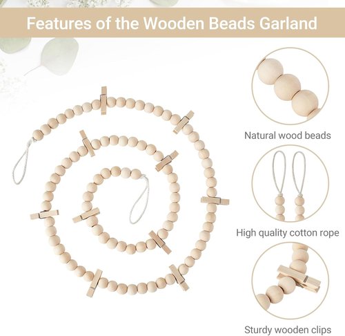 Mkono Hanging Photo Display - Boho Wooden Bead Garland with 10 Clips | 2 Pack for Bedroom Decor & Gifts