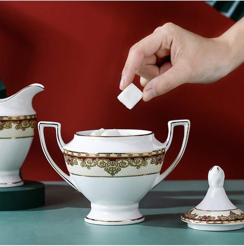 Porlien Exquisite Bone China 17-piece Tea Set for 6, Porcelain Tea Set with Teapot, Red Pattern Trimmed with Gold