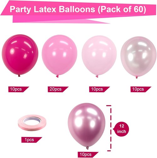 Bezente Pink Balloons Set - 60pcs 12-Inch Metallic Pearl & Latex Balloons for Birthday, Wedding, Baby Shower Decor